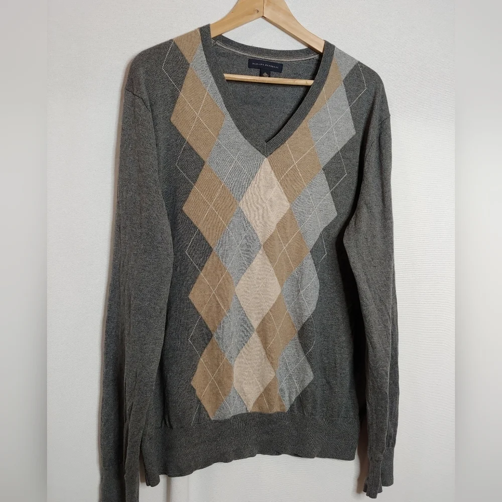 Banana Republic Argyle Pullover Sweater Gray Tan Cream Silk Cotton‎ Cashmere XL